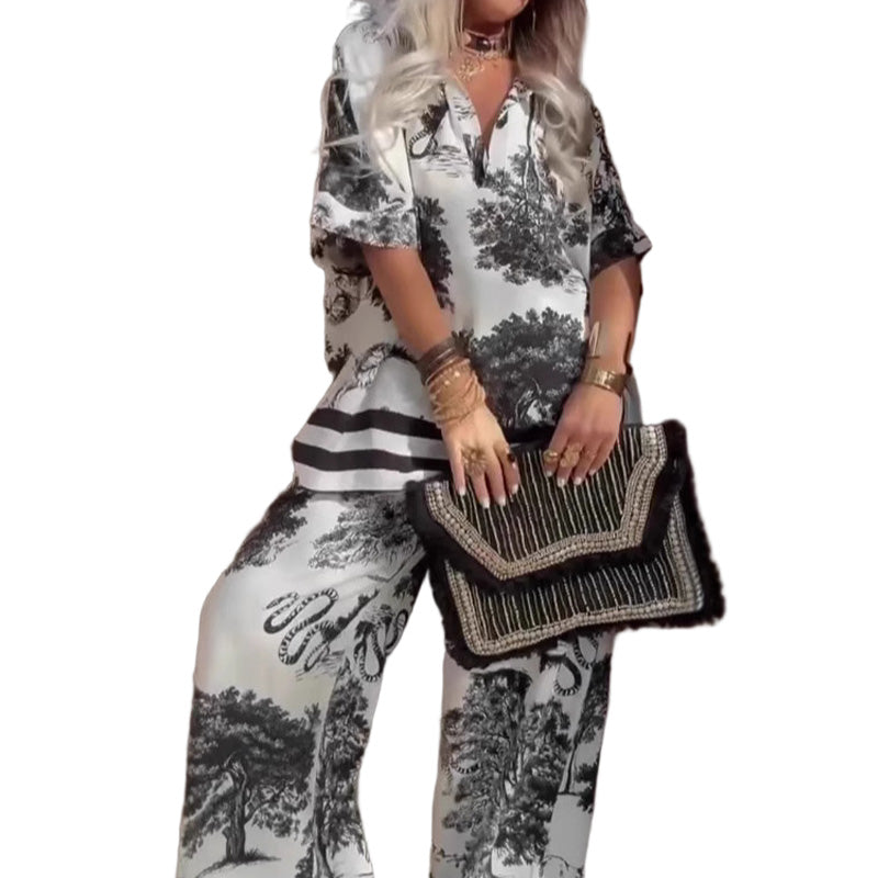 Laura - Conjunto de mujer con estampado: top con cuello en V y pantalones largos