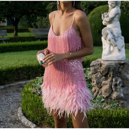 Chloe - Vestido de mujer con flecos de plumas y tirantes finos con lentejuelas