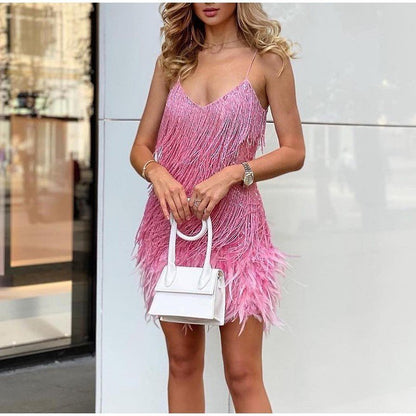 Chloe - Vestido de mujer con flecos de plumas y tirantes finos con lentejuelas