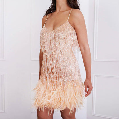 Chloe - Vestido de mujer con flecos de plumas y tirantes finos con lentejuelas