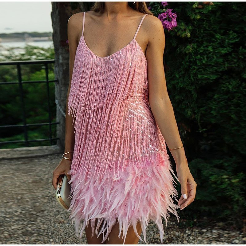 Chloe - Vestido de mujer con flecos de plumas y tirantes finos con lentejuelas