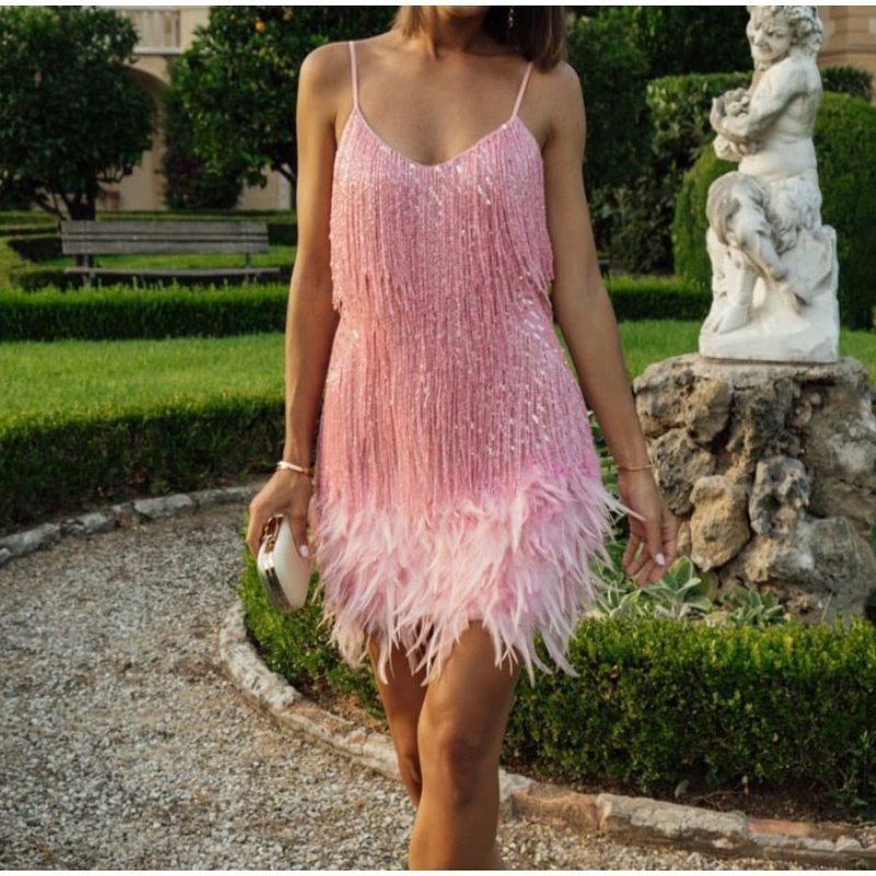 Chloe - Vestido de mujer con flecos de plumas y tirantes finos con lentejuelas