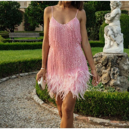 Chloe - Vestido de mujer con flecos de plumas y tirantes finos con lentejuelas