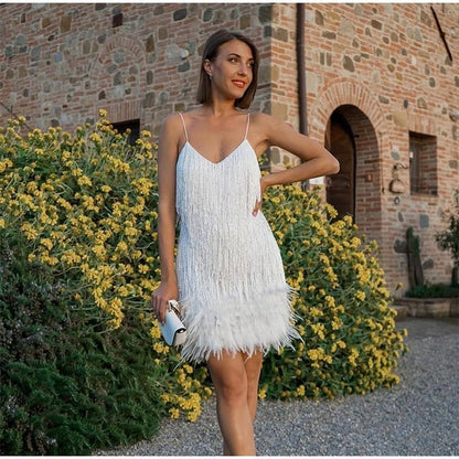 Chloe - Vestido de mujer con flecos de plumas y tirantes finos con lentejuelas
