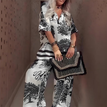 Laura - Conjunto de mujer con estampado: top con cuello en V y pantalones largos