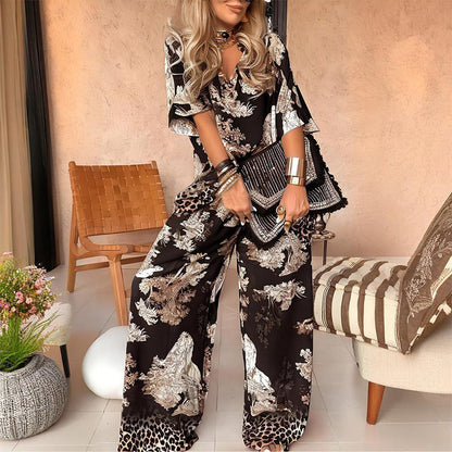Laura - Conjunto de mujer con estampado: top con cuello en V y pantalones largos